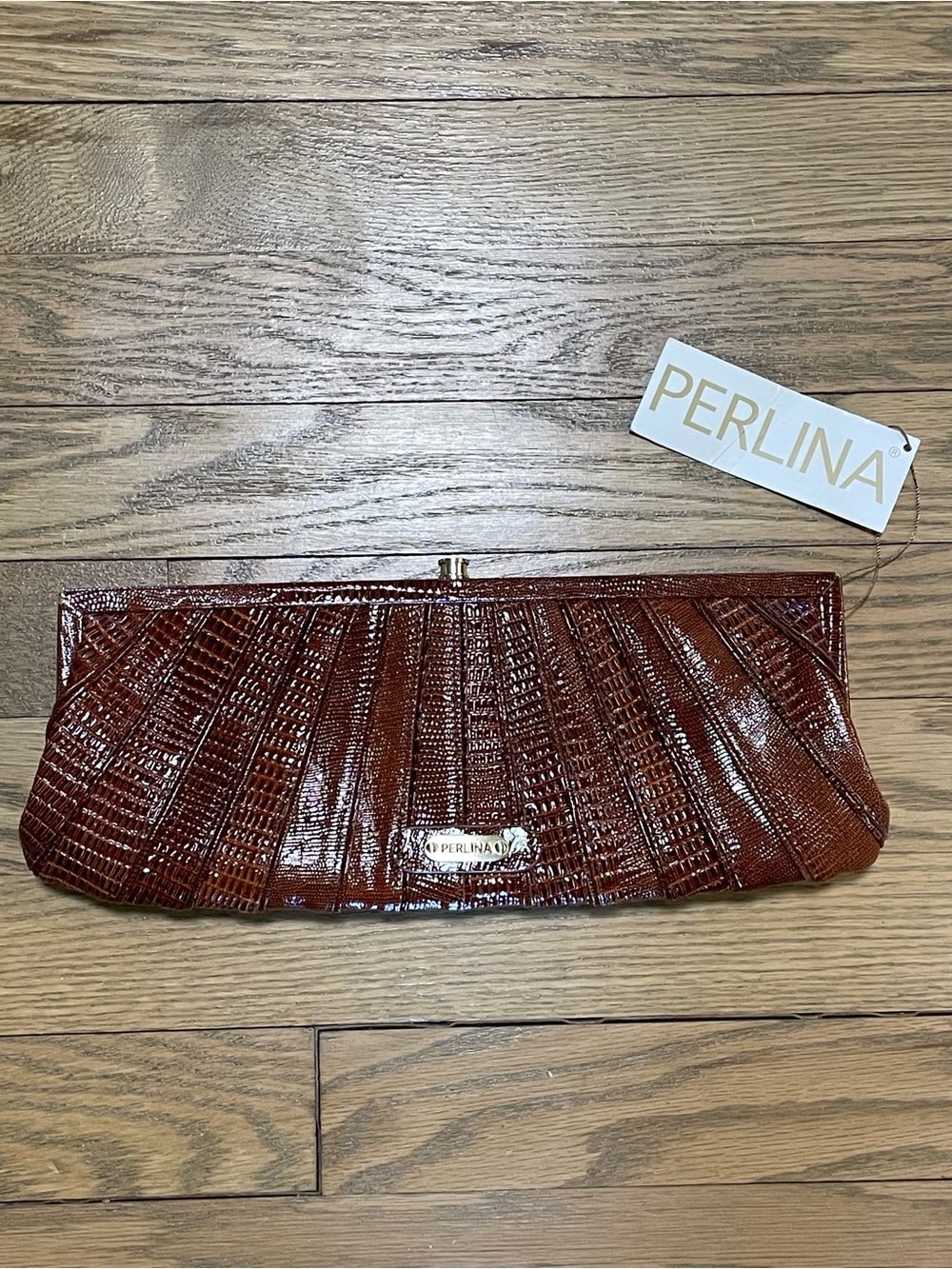NWT- PERLINA -NY Brown Reptile Embossed Leather Pleated Fan Evening Clutch Bag
